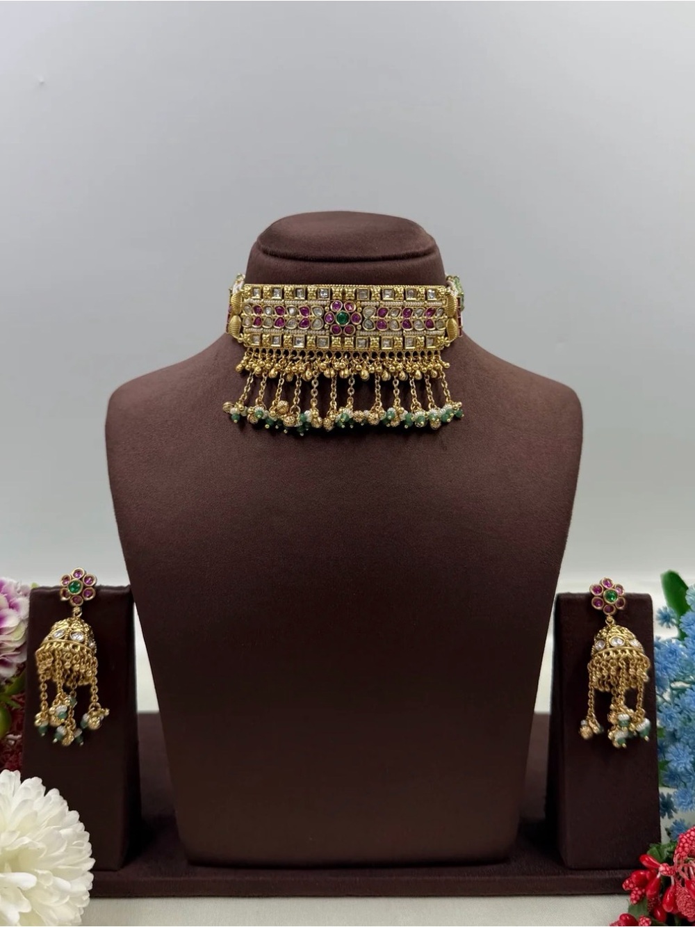 Gold-Tone Green & Pink Stone Choker Necklace Set - Women Jewelry